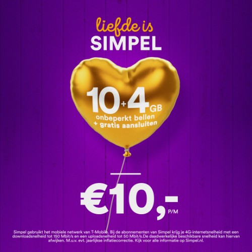 Liefde is Simpel: 10GB + onbeperkt bellen voor €10,- p/m